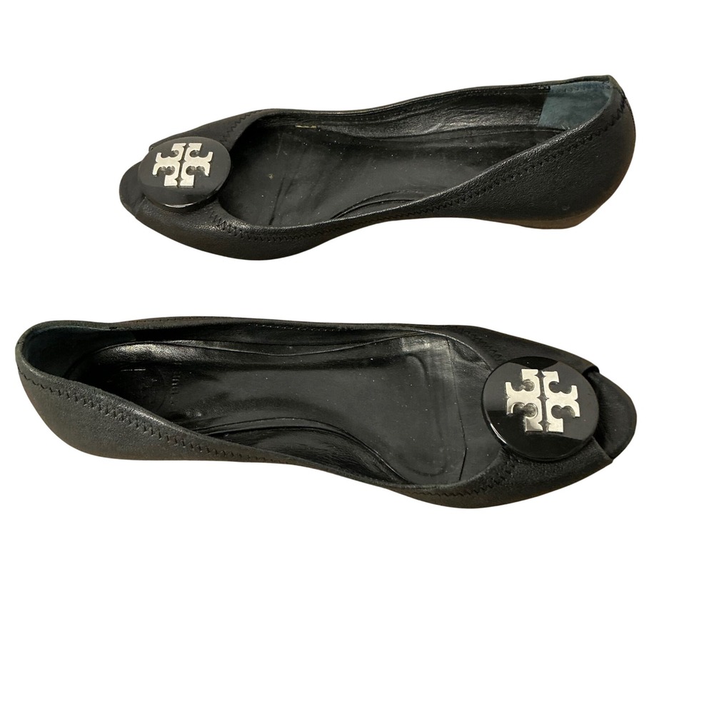 Tory Burch Reva Black Leather Peep Toe‎ Wedge Heels Silver Logo Medallion Pumps
